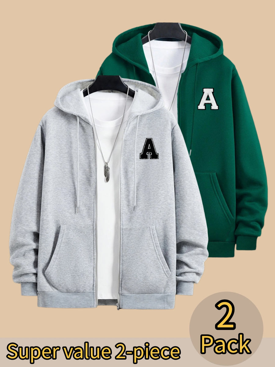 50% Cotton, 50% Polyester, 2-Pack Men's Zippered Hooded Fleece-Lined Sweatshirt, Men's Clothing, Long-Sleeve Fleece Jacket, Zippered Top, Hooded Sweatshirt, Pockets, Drawstring, Suitable for Outings, Casual Wear, Back-to-School Season - Light Grey+Dark Green