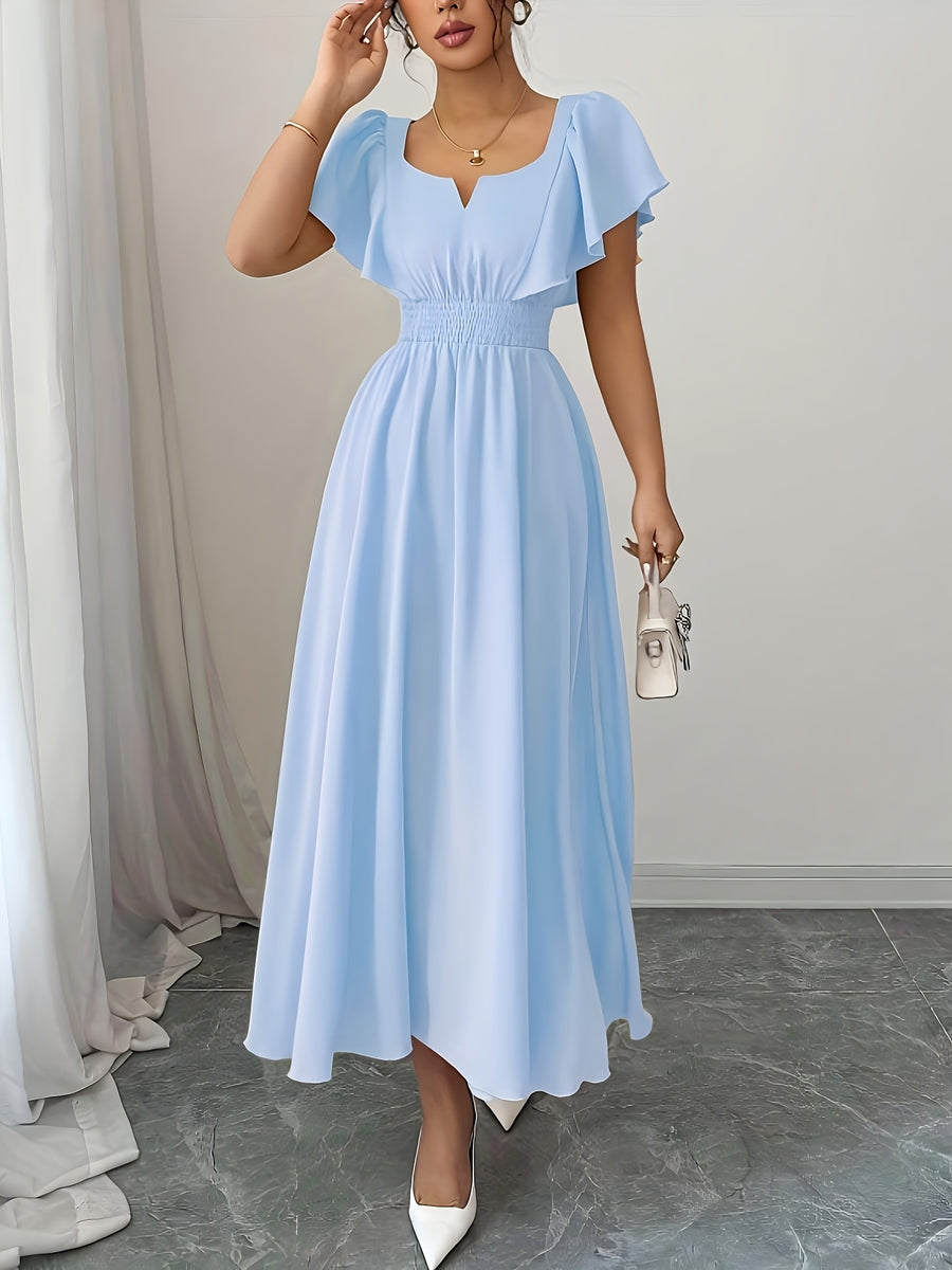 Solid Color Dress Puff Sleeve Ruched Waist Notch Neck Short Sleeve Suitable for Banquets, Parties, Vacations, Weddings, Women'S Bridesmaid Dress - Light Blue