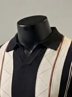 Men's Knitted Short-Sleeve Polo Shirt with Breathable Knit Mesh Eyelet Design, Multi-Color Contrast Striped Jacquard Knit Pattern, American-Style Lapel with Seagull Collar, Stylish and Slimming, Light Luxury Fashion, Designer Style Golf Polo Top - Black