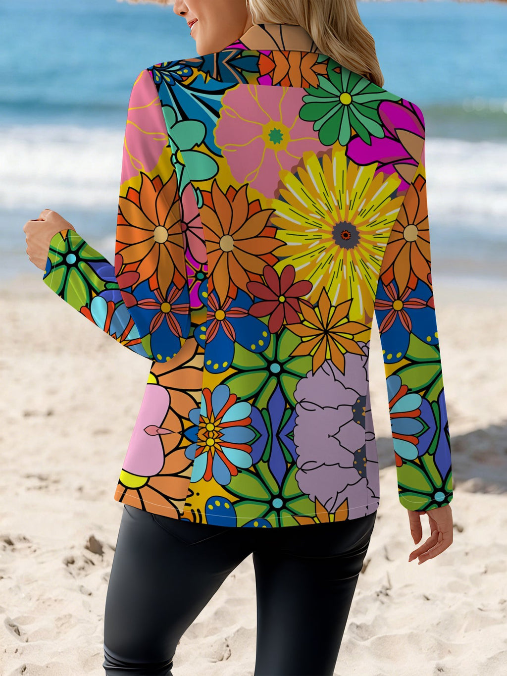 A Stylish and Refined Women's Autumn Jacket—a Slim-fit, Long-sleeved Blazer Featuring a Botanical Print That Evokes the Vibe of an Island Getaway. It Boasts a Harmonious Color Palette and a Style That Is Both Simple and Elegant - Multicolor
