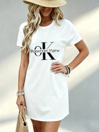 Printed Design Not Textured, Casual Style, Women Dress, Letter Print Theme, Daily Wear Scene, Gift for Girlfriend, 100 Percent Polyester Fiber - White
