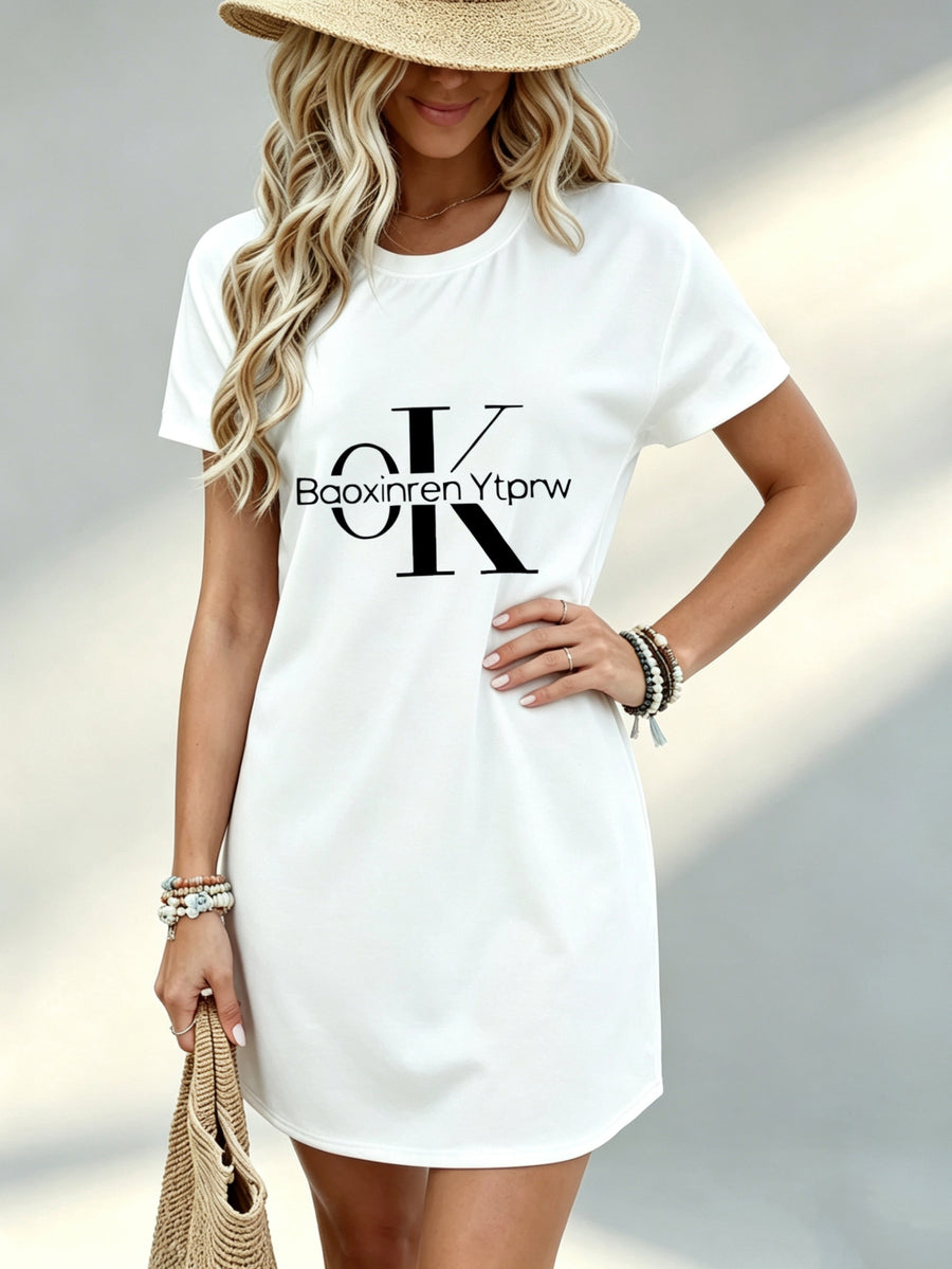 Printed Design Not Textured, Casual Style, Women Dress, Letter Print Theme, Daily Wear Scene, Gift for Girlfriend, 100 Percent Polyester Fiber - White