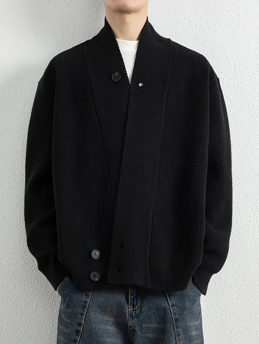 1pc Men'S Pit-Stripe Knit Cardigan, Irregular Diagonal Button V-Neck Design Loose Casual Fall Winter Off-Shoulder Fit Daily Commute Outerwear Sweater Jacket - Black