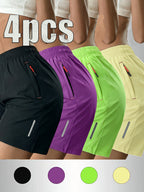 4pcs Women's Fashionable Trendy Shorts with Double-Side Zipper Pockets, Waist Drawstring, and Reflective Strips, Perfect for Summer Outfits - Black + Purple + Green + Yellow