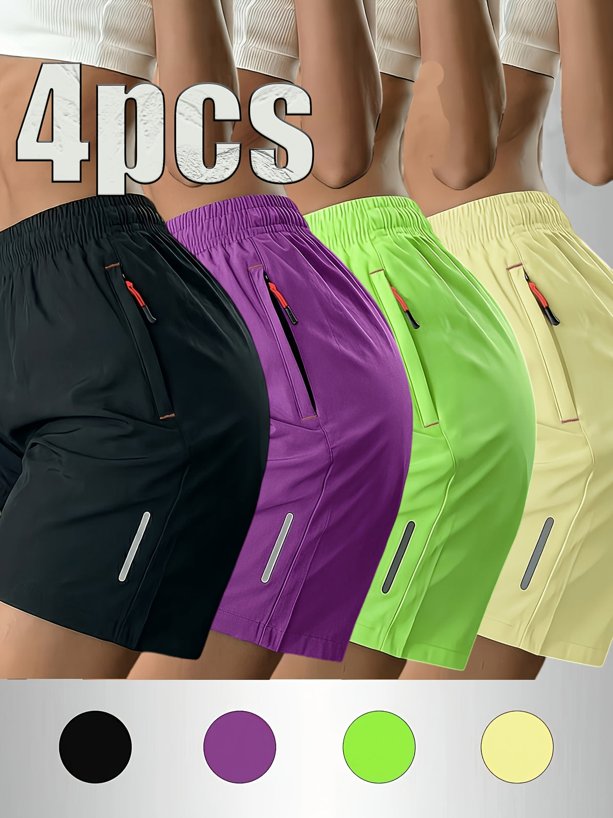 4pcs Women's Fashionable Trendy Shorts with Double-Side Zipper Pockets, Waist Drawstring, and Reflective Strips, Perfect for Summer Outfits - Black + Purple + Green + Yellow