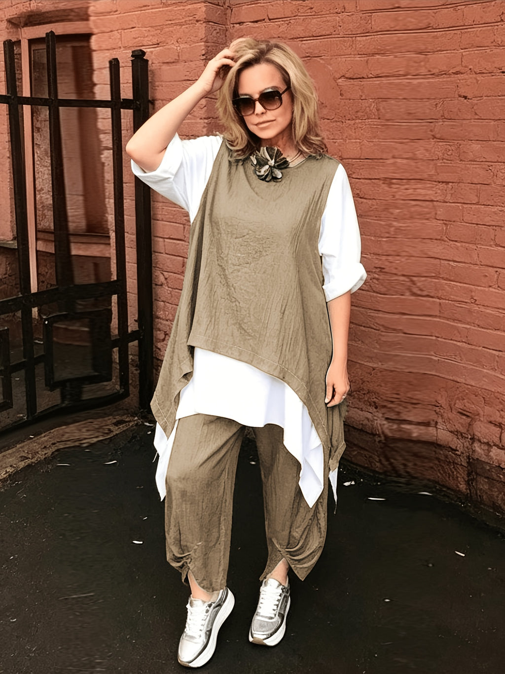Plus Size, Plus Size Ethnic 2pcs Outfit, Color Block Spliced Mid-length Top + Pleated Cuff Harem Pants, Breathable Imitation Casual Set - Khaki