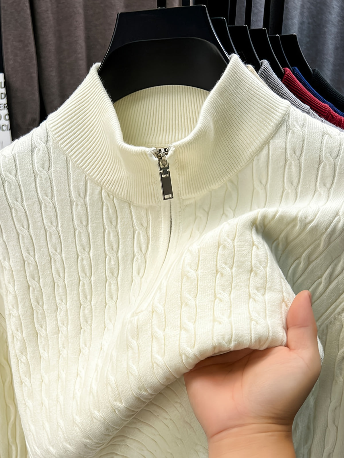 Half-zip Cable-knit Sweater, Fully Constructed with Herringbone Cable Stitching for a Strong Three-dimensional Texture. Compared to a Stockinette Sweater, It Has a More Vintage Feel. The Slightly Relaxed Fit Offers Good Forgiveness for Body Shapes - White