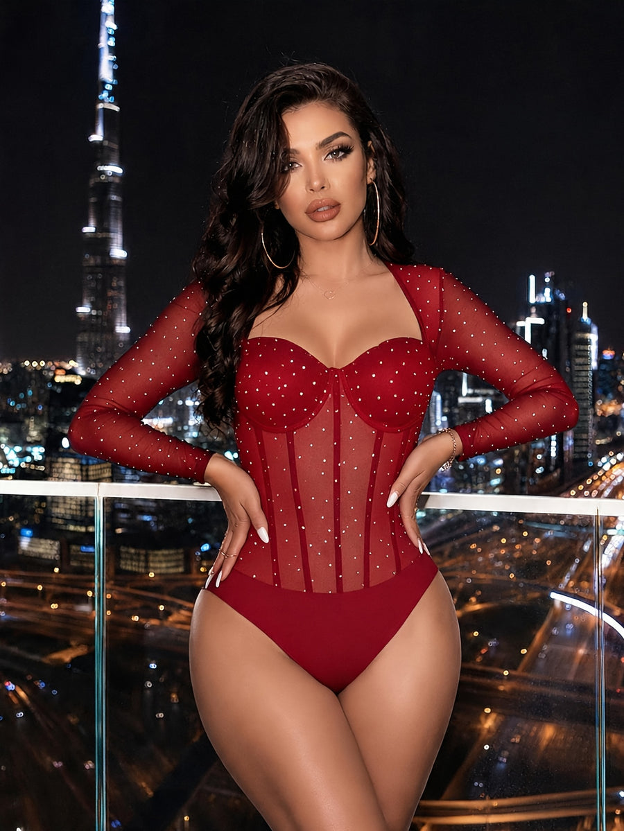 Women's Party Bodysuit, Sequined Mesh Long Sleeve Bodysuit with Heart-Shaped Neckline, Underwire, Boning, and Corset Waist Cinching Shapewear Nightclub Top, Y2K Starlight Sequin Sheer Bodysuit. Suitable for Nightclub Dancing, Bar Parties - Red