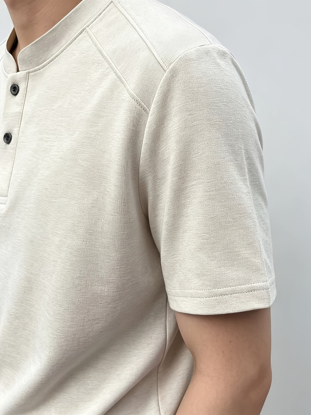 Men'S Solid Black Split Shoulder Mandarin Henley Collar Short Sleeve Top, Summer Office Daily Commute Golf City Street Outfit, Stretch Wrinkle Resistant Cooling Breathable 2-Button Tee, Middle-Aged Gentleman Business Casual Outfit, Minimalist Stand - Beige Color