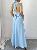Women's Elegant Solid Color Sleeveless Bow Tie Back Tie Hem Slit Dress - Light Cyan