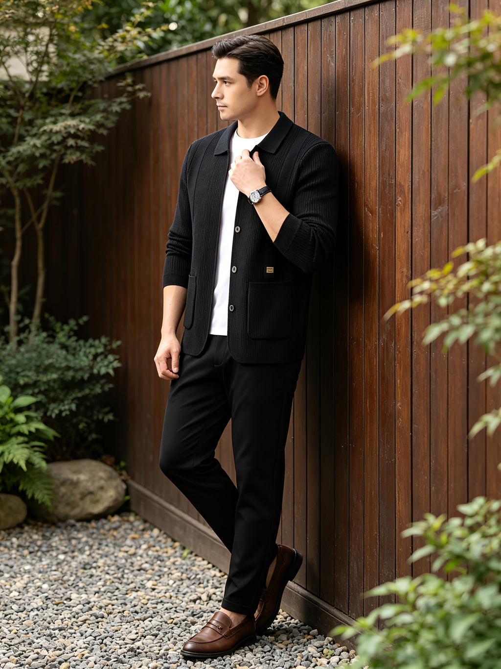 Men's Lightly Mature Business Casual Lapel Knit Cardigan, Vertical Stripe Textured Breathable Wrinkle-Resistant Knit Outerwear, Comfortable, Soft, and Skin-Friendly, with Simple Single-Breasted Design and Dual Pockets, Structured Fit for a Slimming - Black