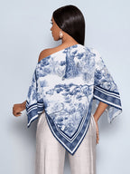Women'S Summer Elegant Off-Shoulder Top Bohemian Asymmetrical Shirt Summer Vacation Wear - Blue