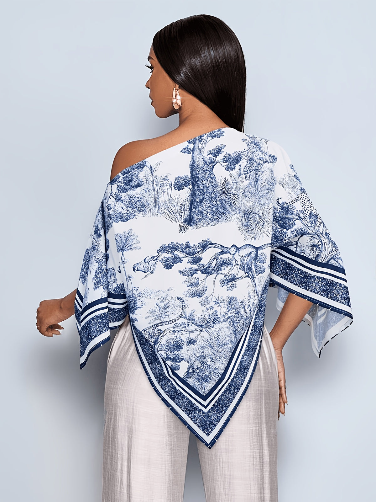 Women'S Summer Elegant Off-Shoulder Top Bohemian Asymmetrical Shirt Summer Vacation Wear - Blue