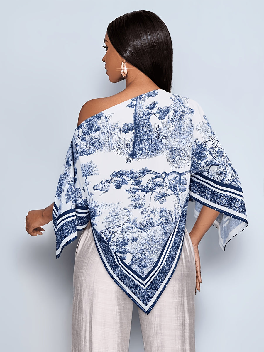 Women'S Summer Elegant Off-Shoulder Top Bohemian Asymmetrical Shirt Summer Vacation Wear - Blue