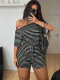 Standard Size Women's All-Season Pajamas, Casual Striped Print Fashion Off-Shoulder Outerwear Homewear Set - Black