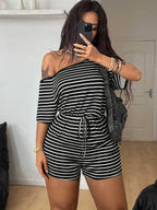 Standard Size Women's All-Season Pajamas, Casual Striped Print Fashion Off-Shoulder Outerwear Homewear Set - Black
