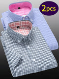 Men's Two-pc Short Sleeve Plaid Lapel Button- Shirts, Comfortable and Casual, Versatile and Stylish, Suitable for Daily Commutes and Parties, A Must-Have Item for Your Wardrobe - Gray Light Blue
