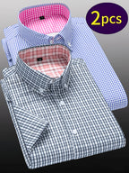 Men's Two-pc Short Sleeve Plaid Lapel Button- Shirts, Comfortable and Casual, Versatile and Stylish, Suitable for Daily Commutes and Parties, A Must-Have Item for Your Wardrobe - Gray Light Blue