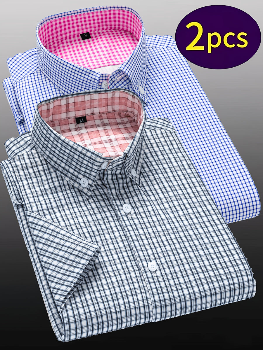 Men's Two-pc Short Sleeve Plaid Lapel Button- Shirts, Comfortable and Casual, Versatile and Stylish, Suitable for Daily Commutes and Parties, A Must-Have Item for Your Wardrobe - Gray Light Blue