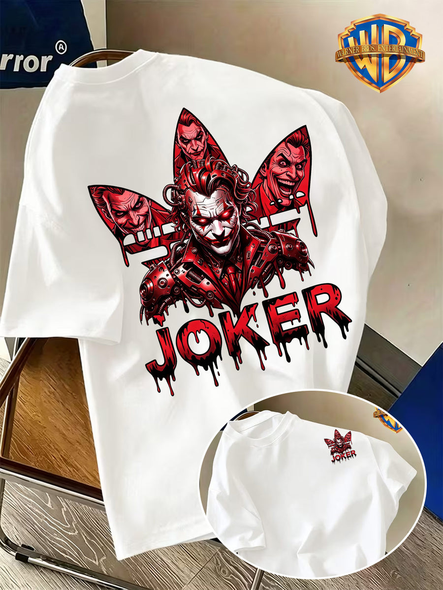 Warner Bros. Official Back-to-School Season Pure Cotton Men's Short-Sleeve T-Shirt, Mechanical Style Red Series with Joker Head Portrait and "JOKER" Enamel-Drop Lettering Creative Graphic Print, Men's Casual Trendy Summer Top, Multiple Sizes - White
