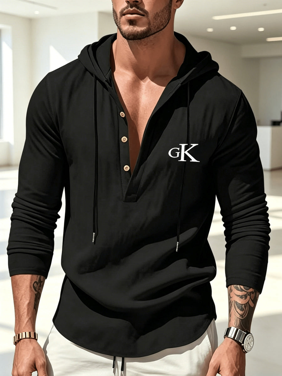 Spring/Autumn Men's Solid Color Half-Zip Hooded Long-Sleeve Single-pc Top, Simple and Comfortable Letter Print Shirt, Streetwear for Outings, Visiting, and Casual Wear - Black