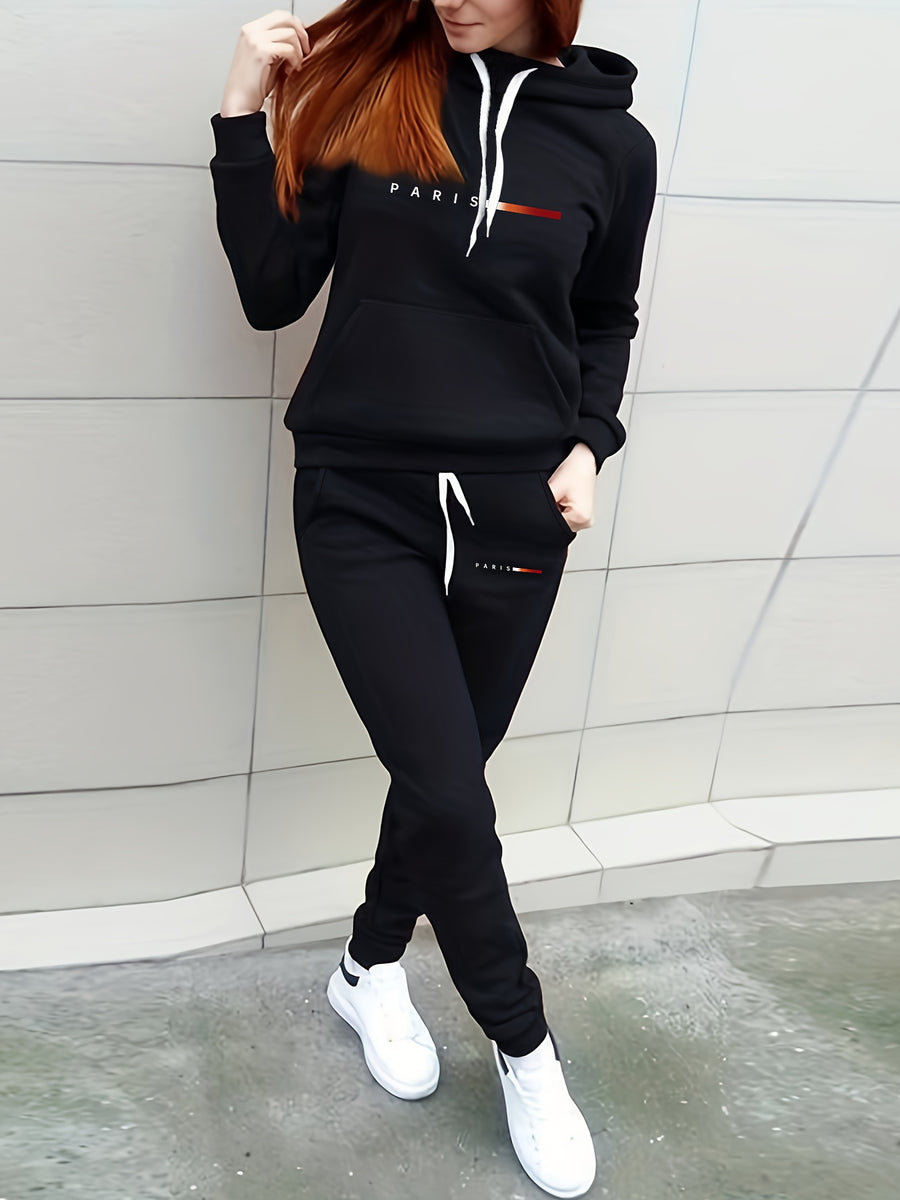 S5766P85 European and American Women's Autumn/Winter Clothing, Bear Print Casual Sweatshirt, -Lined Biker 2pcs Set, Outdoor Sportswear Set - Black