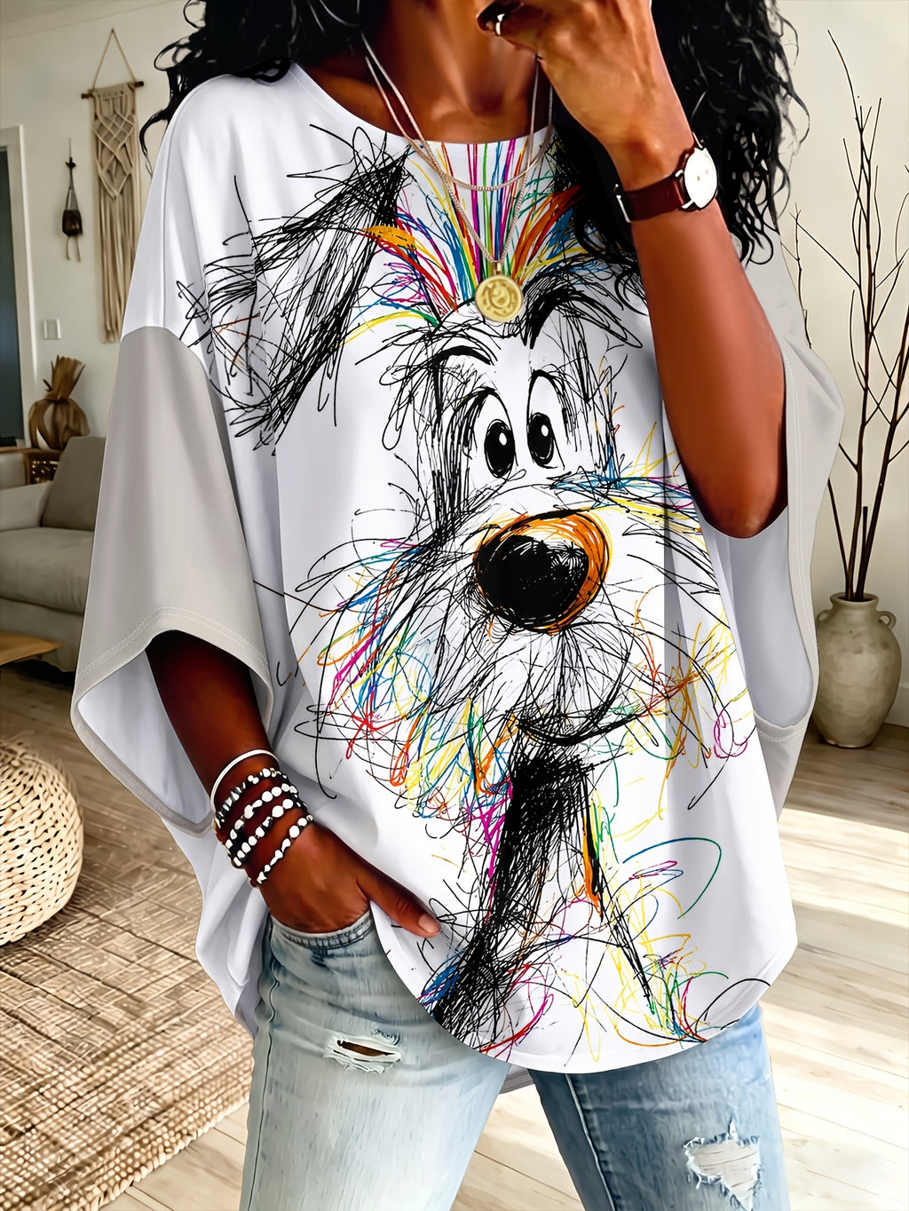 Plus Size Women'S Top, White with Multicolor Graffiti Puppy Pattern, Loose Off-Shoulder Sleeve Design, Fun Graffiti Dog Sweatshirt - White