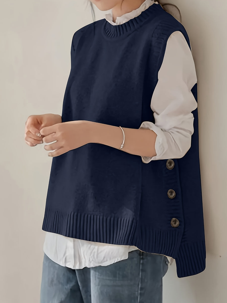 Round Neck Short Front And Long Back Button Sweater - Navy Color