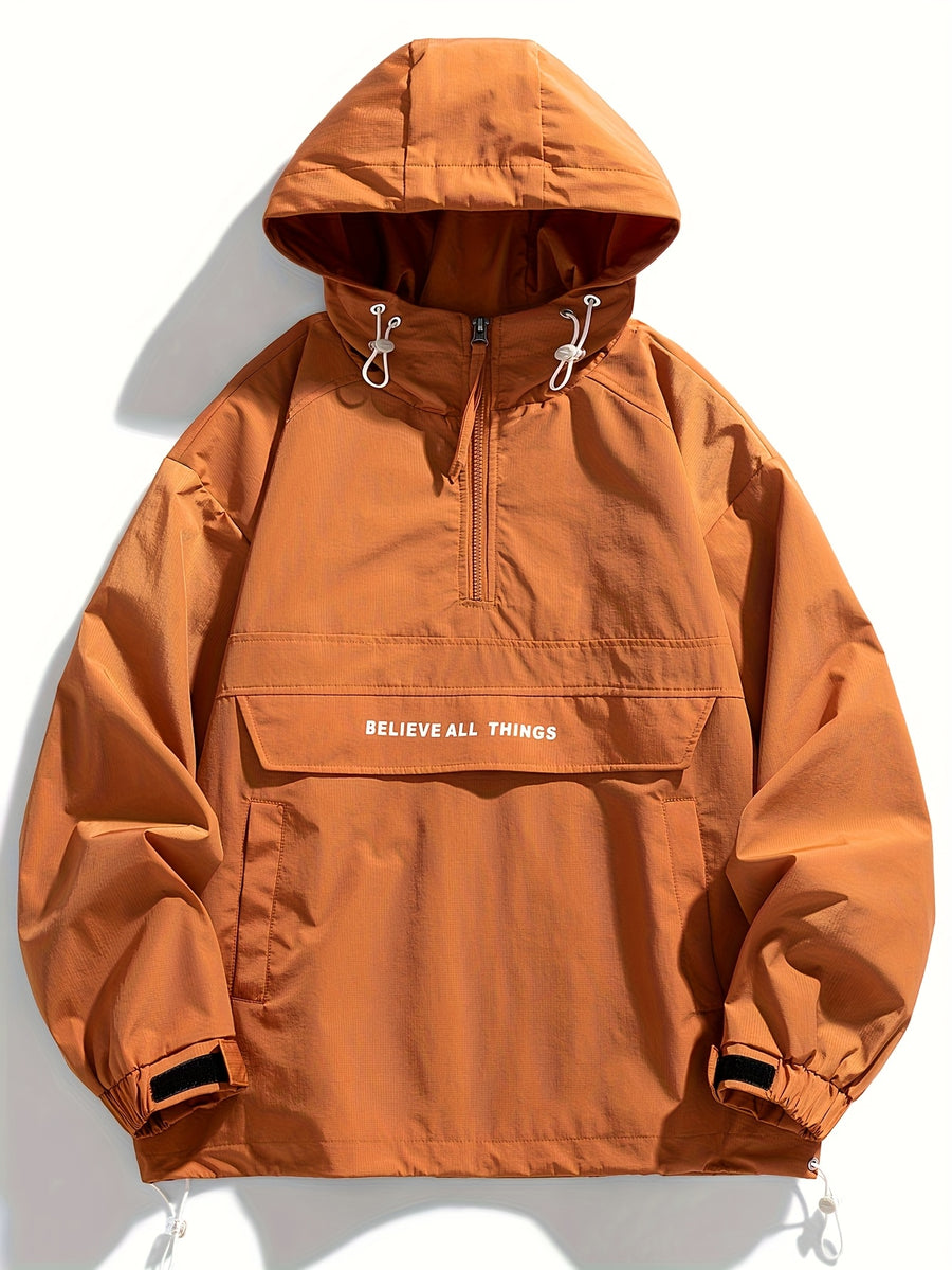 Men's Loose Fashion Sport American Pullover Hooded Drawstring Jacket - Light Brown-1