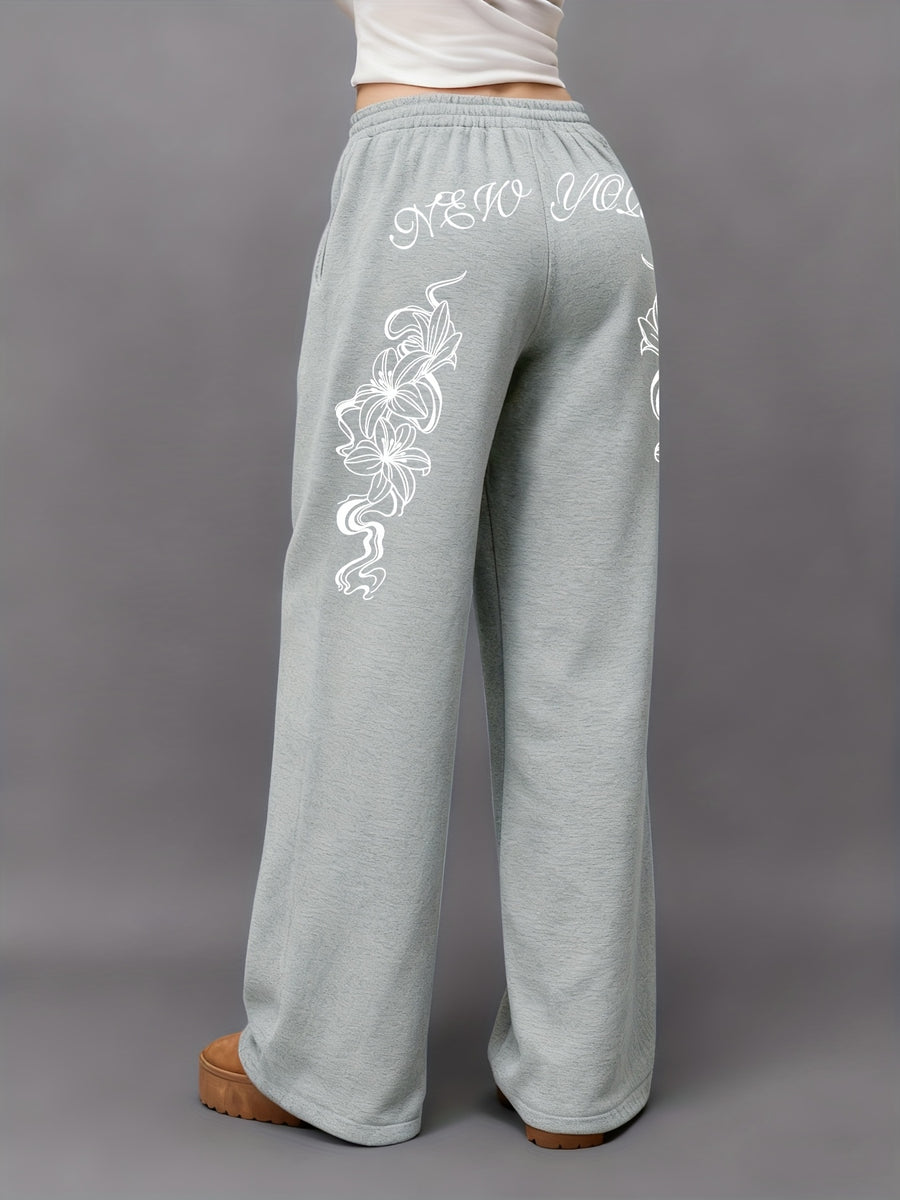 Slant Pocket Joggers Autumn Winter Trendy Brand Letter Print Pattern Straight Leg Trousers American High Street Wide Leg Pants Floor Length Trousers Ins Style Y2K - Light Grey