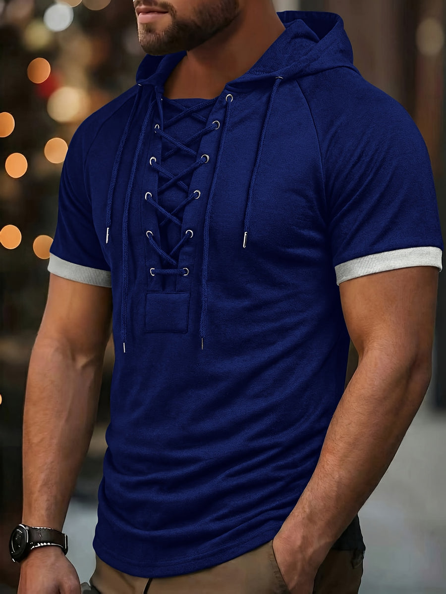 ROYALBOY Spring New Arrival Men's Short Sleeve Outdoor Sports Hoodie with Eyelet Drawstring, Designer Casual Men's Sportswear Top, Suitable for Autumn Outdoor Wear - Blue