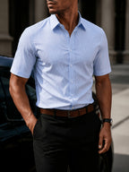 5pcs Men'S Pinstripe Short Sleeve Dress Shirt, Non-Iron Wrinkle-Free Comfortable, Fashionable Casual Short Sleeve Shirt, Comfortable Fabric, Outdoor Commute Party Wear, Comfortable to Wear, Essential Wardrobe Item - Sky Blue Gray Green Light Pink Dark Pink