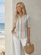 Striped V-neck Short Sleeve Shirt Universal - Mixed colors