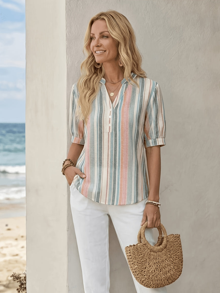 Striped V-neck Short Sleeve Shirt Universal - Mixed colors