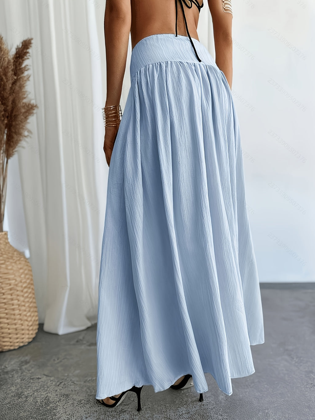 Women's Waist-Cinching Pleated Flared Skirt with Solid Pockets, Comfortable, Versatile, and Elegant, Suitable for Casual Daily Wear and Stylish Commuting, All-Season - Light Blue