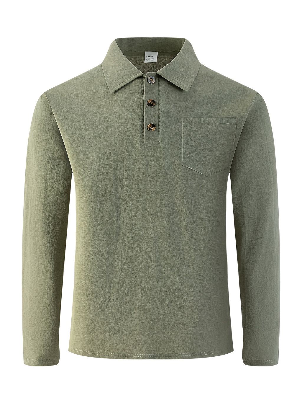 Men's Linen Long Sleeve Polo Shirt, Henley Button Placket Collared Top with Chest Pocket, Lightweight Breathable Casual Shirt for Daily Beach Vacation Wea - Military Green