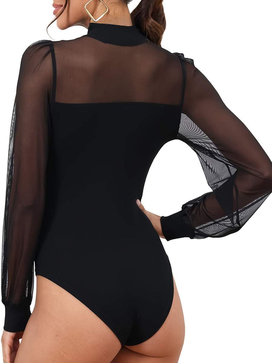 Style Women'S Bodycon Bodysuit Sheer Mesh Long Sleeve Jumpsuit - Black