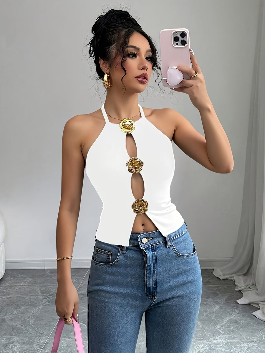 Summer Sexy Holiday Vacation Metallic 3D Floral Embellishment Hollow Out Casual Cami Dress Women'S Clothing - White