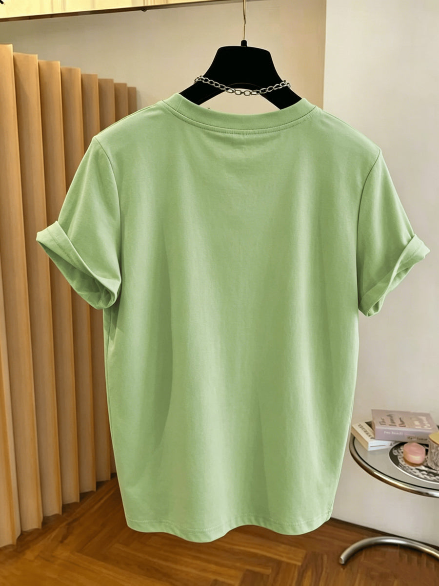 V-Neck Short-Sleeve T-Shirt with GK Letter & Striped Print - Casual Basic Top, Non- Opaque Shirt Suitable for Spring Summer Wardrobe, Machine Washable Casual Attire for Office, Layering & Transitional Outfits - Pea Green Color