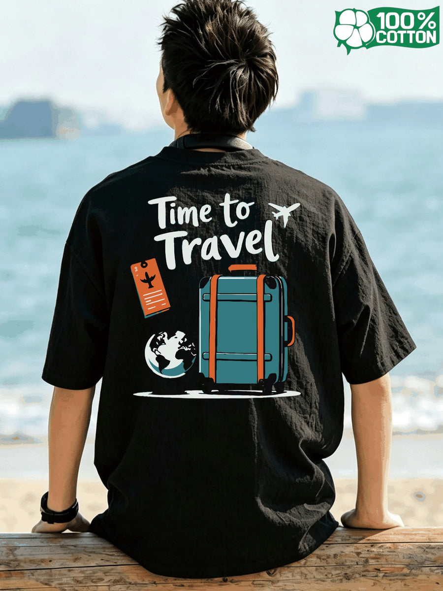 Short Sleeve T-Shirt Top, Crew Neck, Pure Cotton, Crew Neck, Popular Summer Travel Time, Suitcase, Globe, Luggage Tag Illustration Design, Versatile Style, Holiday, Breathable Pattern Print, New Summer Fabric, Comfortable for Daily Outings - Black