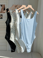 4pcs Women's Elegant and Stylish Multi-Color Sleeveless Bodysuit Set, Solid Color and Printed Styles, 4pcs Combination of Bodycon Bodysuits - Black + White Bottom Blue Flower + White + Blue And White Stripes