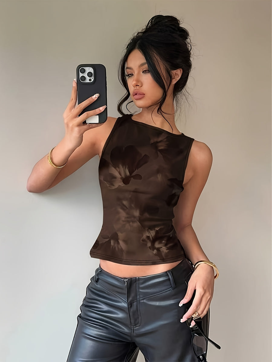 Vintage Brown-Toned Ink-Wash Smudged Floral Print Sleeveless Tank Top, Slim-Fit with Waist-Cinching and Exposed Waist Design, Back Cut-Out with Bow Tie Tie-Back Detail, Edgy and Chic, Waist-Defining for a Effect, Niche Pure Desire Style - Mixed colors