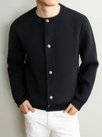 [Wading Whale OBM] 1pc Autumn Winter New Men'S Knit Cardigan, Old Money Style Textured Solid Color Round Neck Open Front Single Button Long Sleeve Sweater Base Layer Top, Men'S Casual Fashion, Suitable for Autumn And Winter Wear, Fits Daily Commute - Black