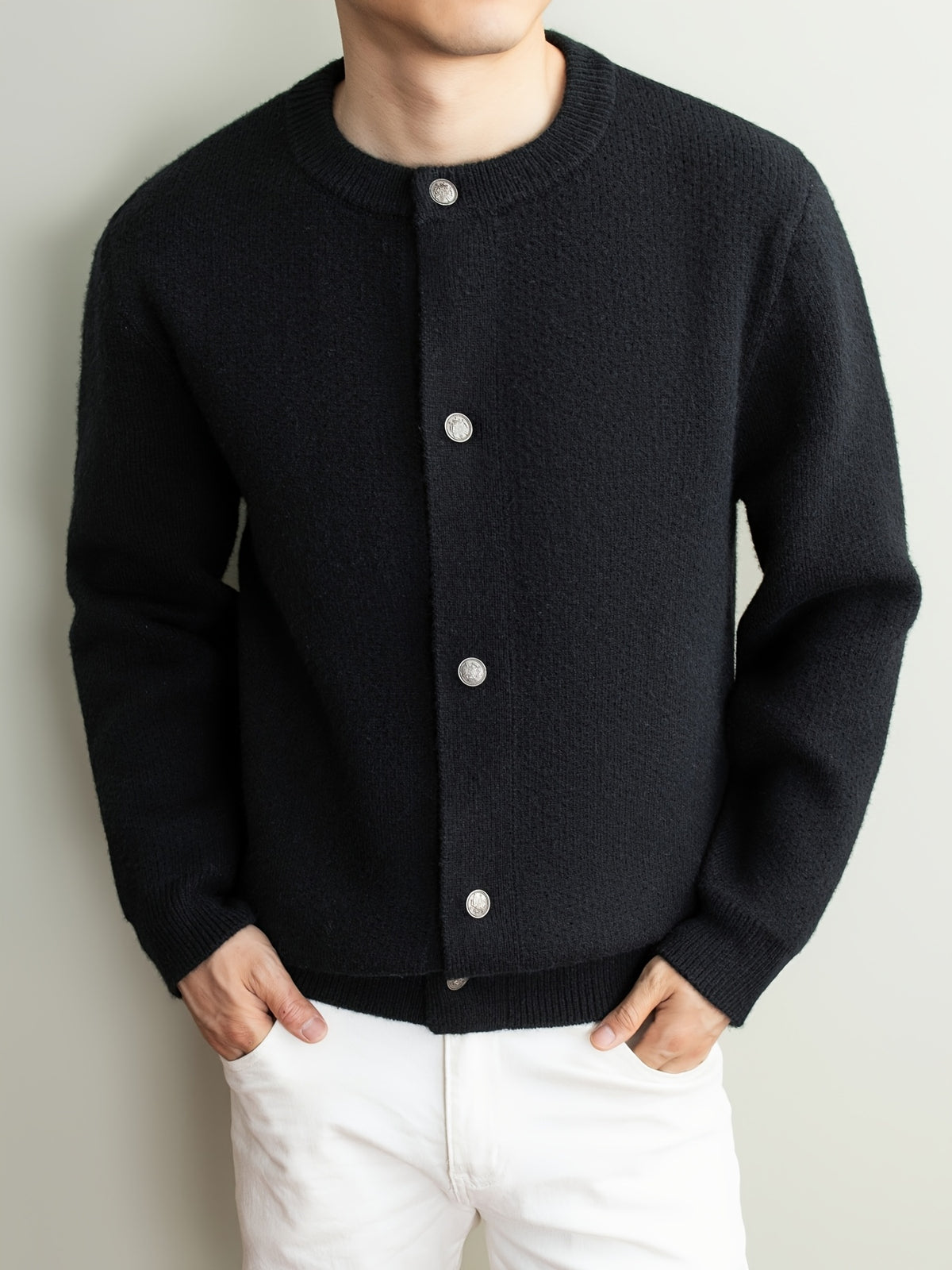[Wading Whale OBM] 1pc Autumn Winter New Men'S Knit Cardigan, Old Money Style Textured Solid Color Round Neck Open Front Single Button Long Sleeve Sweater Base Layer Top, Men'S Casual Fashion, Suitable for Autumn And Winter Wear, Fits Daily Commute - Black