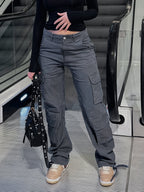 Fashion Y2K Loose Multi Pocket Zipper Pocket Cargo Jeans, Casual Sports Loose Wide Leg Pants for Hiking, Women's Athleisure denim jeans - Dark Gray