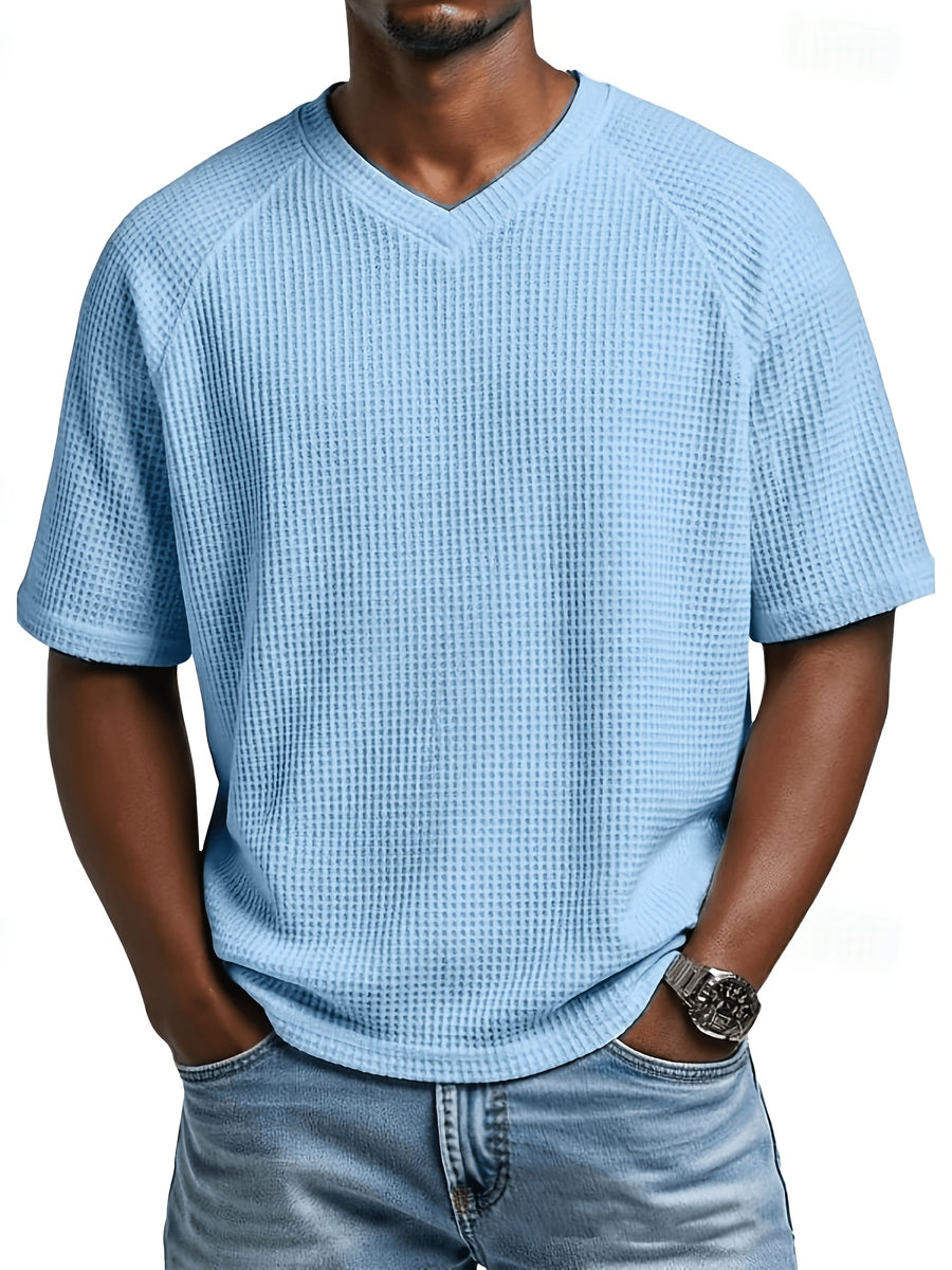 Men's Minimalist Waffle Knit V-Neck Short Sleeve Casual Breathable Sports Vacation Beach Raglan Sleeve Herringbone T-Shirt - Sky Blue