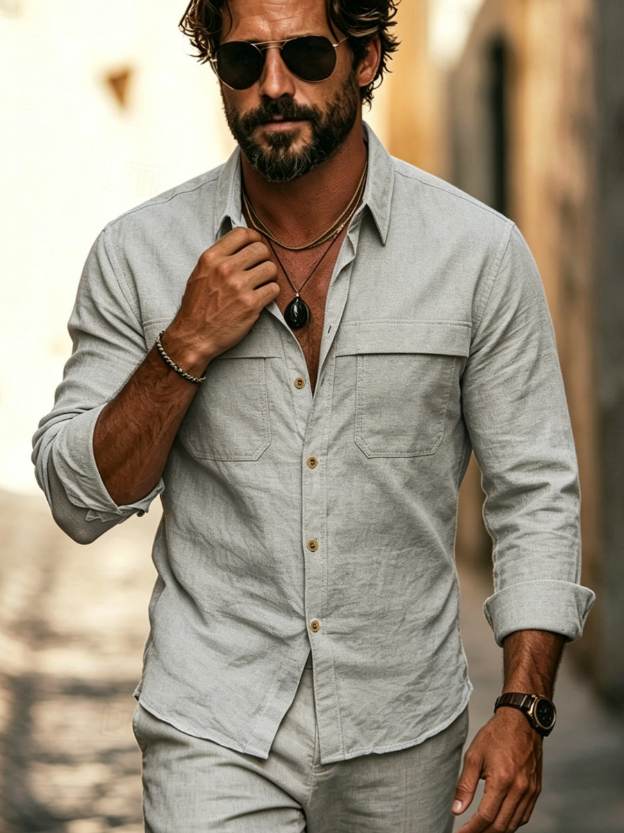 Men'S Precision Business Casual Long Sleeve Shirt, Workwear Style Top, Thick Oxford Fabric, Breathable And Durable, Mature Business Men'S Outdoor Casual, Daily Workwear, Old Money Style Shirt Top - Khaki