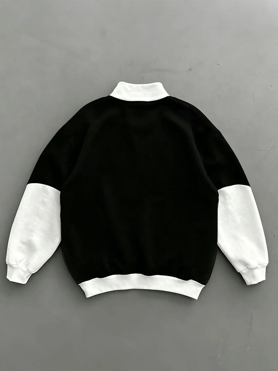 TOKYO JAPAN Tokyo Letter Half-Zip Stand-Up Collar Sweatshirt for Men And Women, Black And White Contrast Splicing, Japanese Logo Printed Loose Shoulder Top - Black