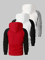 Men's Colorblock Hooded Sweatshirt, Spring/Autumn Solid Color Versatile Loose Fit Casual Pullover Hoodie, 3pcs Set - Black with White - Red with Black - Light Gray with White