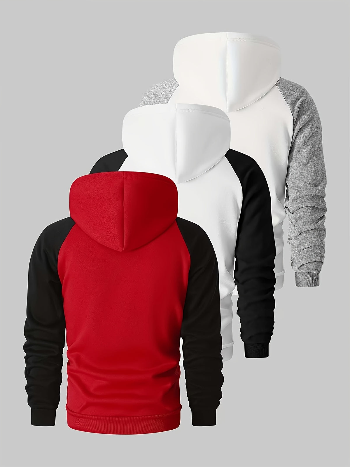 Men's Colorblock Hooded Sweatshirt, Spring/Autumn Solid Color Versatile Loose Fit Casual Pullover Hoodie, 3pcs Set - Black with White - Red with Black - Light Gray with White